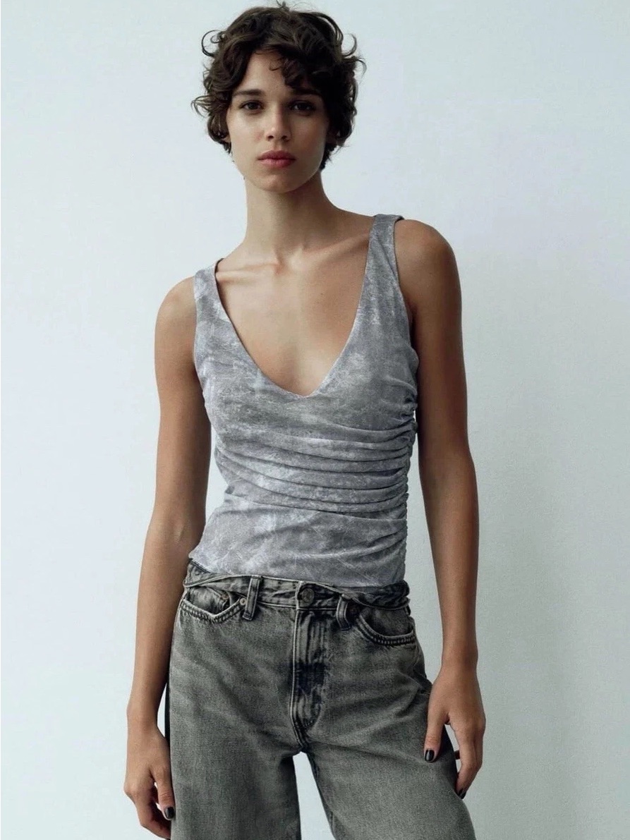 Brand New Zara Women's Grey V-Neck Ruched Tank Top